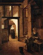 Pieter de Hooch Woman Peeling Vegetables in the Back Room of a Dutch House oil painting reproduction